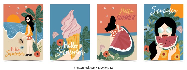 Ornage blue summer postcard with women,flower,beach,tree,watermelon,ice cream and leaf