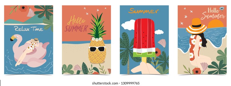 Ornage blue summer postcard with women,flower,beach,tree,watermelon,ice cream,pool float and leaf