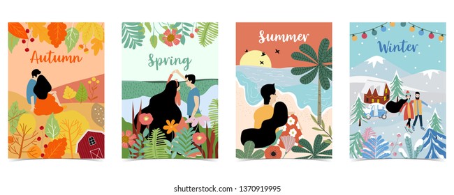 Ornage green blue season postcard with women,flower,beach,tree,house and people