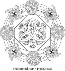 Ornament of abstract, geometric and floral elements. Zenart. Anti stress coloring.
