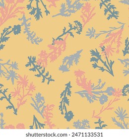 Ornament of abstract silhouettes of wild plants and flowers. Botanical vector seamless pattern in modern style.