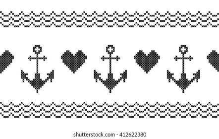 Ornament with anchors. Sea. Cross stitch. Scheme of knitting and embroidery. Seamless pattern. Vector.
