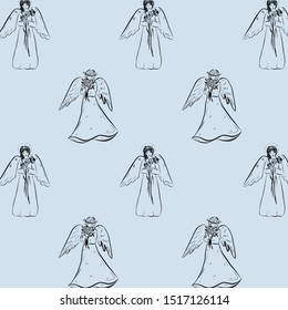 Ornament with angel. Religion pattern. Graphic vintage linear drawing. Concept for religious holidays - Easter, Christmas. Biblical heavenly symbol of man with wings. 