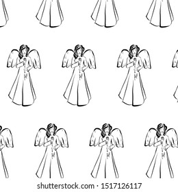 Ornament with angel. Religion pattern. Graphic vintage linear drawing. Concept for religious holidays - Easter, Christmas. Biblical heavenly symbol of man with wings. 