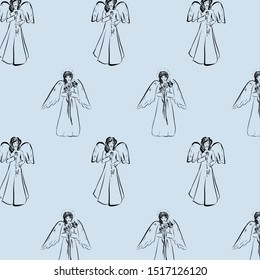 Ornament with angel. Religion pattern. Graphic vintage linear drawing. Concept for religious holidays - Easter, Christmas. Biblical heavenly symbol of man with wings. 