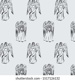 Ornament with angel. Religion pattern. Graphic vintage linear drawing. Concept for religious holidays - Easter, Christmas. Biblical heavenly symbol of man with wings. 