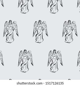 Ornament with angel. Religion pattern. Graphic vintage linear drawing. Concept for religious holidays - Easter, Christmas. Biblical heavenly symbol of man with wings. 