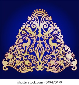 Ornament with animals and birds in form of Christmas tree. Symbol of life. Illustration, vector