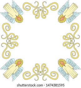 Ornament around the edge of angels and curls with an empty space in the middle.