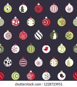 Ornament of balls on a dark blue background. Seamless Christmas pattern in retro style. Vector background for fabric, wallpaper, posters, advertising posters, children's prints, 