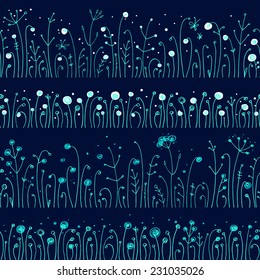 Ornament in the band, magic herbs in the forest at night. Pattern of grass. Vector color