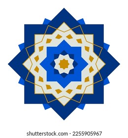 Ornament based on blue, and gold Islamic eight-pointed star known as "Rub el Hizb" and "Najmat-ul Quds" (Star of Jerusalem)