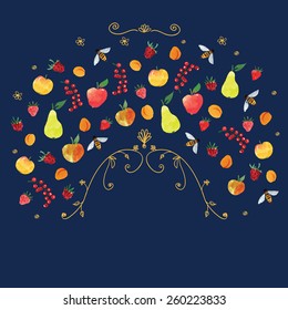 ornament, based on fruits and curls  with pear, currant, apple, raspberry, strawberry, apricot, bee,