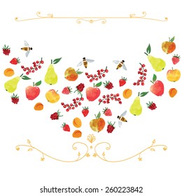 ornament, based on fruits and curls  with pear, currant, apple, raspberry, strawberry, apricot, bee,