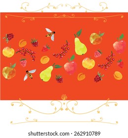 ornament, based on fruits and curls  with pear, currant, apple, raspberry, strawberry, apricot, bee