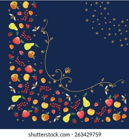 ornament, based on fruits and curls  with pear, currant, apple, raspberry, strawberry, apricot, bee,