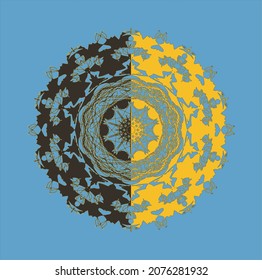 Ornament based on the mandala on a light background in the colors of the Canary Cabin palette, Scandi style. Vector. Ability to change to any size without loss of quality.