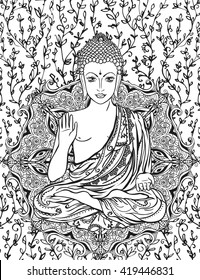 Ornament beautiful card with Buddha. Geometric element hand drawn. Medallion, yoga, india, arabic, lotus Buddha, was a sage on whose teachings Buddhism was founded. awakened one or the enlightened one