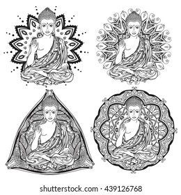 Ornament beautiful card with Buddha. Geometric element hand drawn. Medallion, yoga, india, arabic, lotus Buddha was a sage on whose teachings Set buddha with mandala to color coloring books for adults