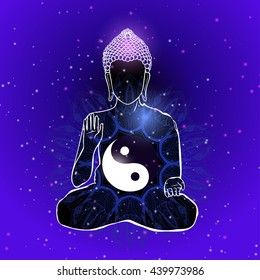 Ornament beautiful card with Buddha. Geometric element hand drawn. Medallion, yoga, india, arabic, lotus Buddha was a sage on whose teachings Set buddha with mandala to color coloring books for adults