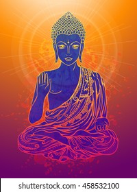 Ornament beautiful card with Buddha. Geometric element hand drawn. Medallion, yoga, india, arabic, lotus  was a sage on whose teachings Buddhism was founded. 