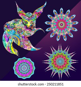 Ornament beautiful card fox with mandala Geometric circle element made in vector. Perfect  cards for any other kind of design, birthday and other holiday, kaleidoscope,  medallion, yoga, india, arabic