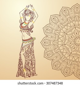 Ornament beautiful card with girl belly dance. Geometric element hand drawn. Perfect  cards for any other kind of design, birthday and other holiday, kaleidoscope,  medallion, yoga, India, arabic