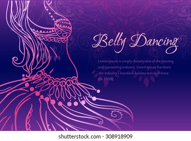Ornament beautiful card with girl belly dance. Geometric element hand drawn. Perfect  cards for any other kind of design, birthday and other holiday, kaleidoscope,  medallion, yoga, india, arabic