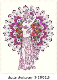 Ornament beautiful card with girl belly dance, Tribal Fusion. Geometric element hand drawn.For design, birthday and other holiday, kaleidoscope,  medallion, yoga, india, arabic