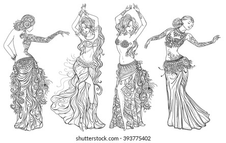 Ornament beautiful card with girl belly dance, Tribal Fusion. Mehndi element hand drawn. Oriental dance, yoga, india, arabic Western dance technique Middle East and Arab countries, Turkish 