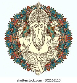 Ornament beautiful card with God Ganesha. Geometric element hand drawn. Perfect  cards for any other kind of design, birthday and other holiday, kaleidoscope,  medallion, yoga, india, arabic