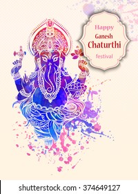 Ornament beautiful card with God Ganesha. Illustration of Happy Ganesh Chaturthi. Ganesh chaturthi festival dedicated to Ganesha. Hinduism in India. Mediation