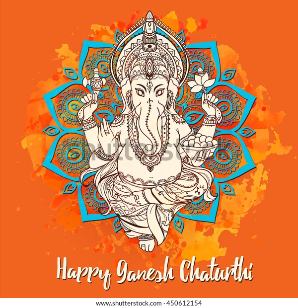 ガネシャ神を装飾した美しいカード Happy Ganesh Chaturthiのイラスト 象の頭を持つ神 Happy Ganesh Chaturthi 祝日 万華鏡 メダリオン ヨガ インド アラビア語のイラスト のベクター画像素材 ロイヤリティフリー