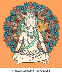 Ornament beautiful card with God Shiva. Illustration of Happy Maha Shivaratri. Mahashivaratri festival. Hinduism in India. Mediation, Shiva represents the cosmic consciousness, the masculine universe