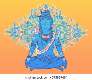 Ornament beautiful card with God Shiva. Illustration of Happy Maha Shivaratri. Mahashivaratri festival. Hinduism in India. Mediation, ornament illustration