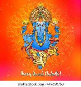 Ornament beautiful card with lord Ganesh image. God with elephant head. Illustration of Happy Ganesh Chaturthi. Invitation, greeting, birthday, holiday card. Indian traditional festival 