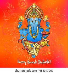 Ornament beautiful card with lord Ganesh image. God with elephant head. Illustration of Happy Chaturthi. Invitation, greeting, birthday, holiday card. Indian traditional festival 