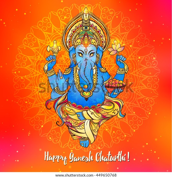 ゲネシ公の肖像を飾る美しいカード 象の頭を持つ神 Happy Ganesh Chaturthiのイラスト 招待 あいさつ 誕生日 ホリデーカード インドの伝統祭 のベクター画像素材 ロイヤリティフリー