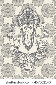 Ornament beautiful card with lord Ganesha image. God with elephant head. Illustration of Happy Chaturthi. Invitation, gretting, birthday, holiday card. India traditional festival shree 