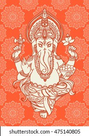 Ornament beautiful card with lord Ganesha image. God with elephant head. Illustration of Happy Chaturthi.