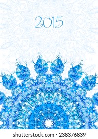 Ornament beautiful card with mandala. Flake of snow made in vector. Perfect  cards watercolor for any other kind of design, birthday and other holiday, kaleidoscope, yoga, india, arabic