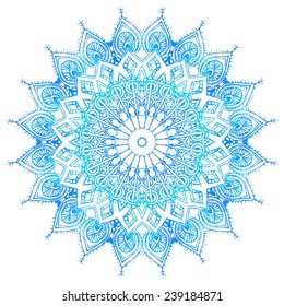 Ornament beautiful card with mandala. Flake of snow made in vector. Perfect  cards watercolor for any other kind of design, birthday and other holiday, kaleidoscope, yoga, india, arabic