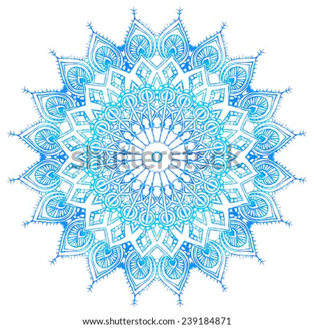 Ornament beautiful card with mandala. Flake of snow made in vector. Perfect  cards watercolor for any other kind of design, birthday and other holiday, kaleidoscope, yoga, india, arabic