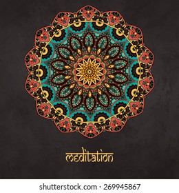 Ornament beautiful  card with mandala. Geometric circle element made in vector. Card for design, birthday and holiday, kaleidoscope,  medallion, yoga, india, arabic, bohemian,  bohemian girl, boho