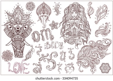 Ornament schöne Karte mit Set Vektorillustration Yoga. Geometrisches Element, handgezeichnet. Mädchen in Yogapositionen und Ornamente, Ganesha, Chakra, Elefanten, Mandalas, Kaleidoskop, Medaillon, Yoga, India, Arabinen