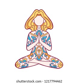 Ornament beautiful card with Vector yoga. Geometric element hand drawn. Kaleidoscope, medallion, yoga, india, arabic 