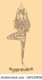 Ornament beautiful card with Vector yoga. Geometric element hand drawn. Perfect  cards for any other kind of design, birthday and other holiday, kaleidoscope,  medallion, yoga, india, arabic