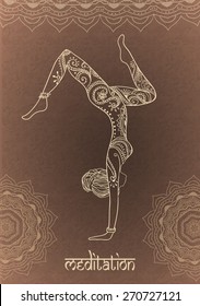 Ornament beautiful card with Vector yoga. Geometric element hand drawn. Perfect  cards for any other kind of design, birthday and other holiday, kaleidoscope,  medallion, yoga, india, arabic