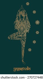 Ornament beautiful card with Vector yoga. Geometric element hand drawn. Perfect  cards for any other kind of design, birthday and other holiday, kaleidoscope,  medallion, yoga, india, arabic