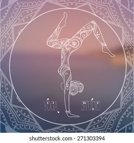 Ornament beautiful card with Vector yoga. Geometric element hand drawn. Perfect  cards for any other kind of design, birthday and other holiday, kaleidoscope,  medallion, yoga, india, arabic
